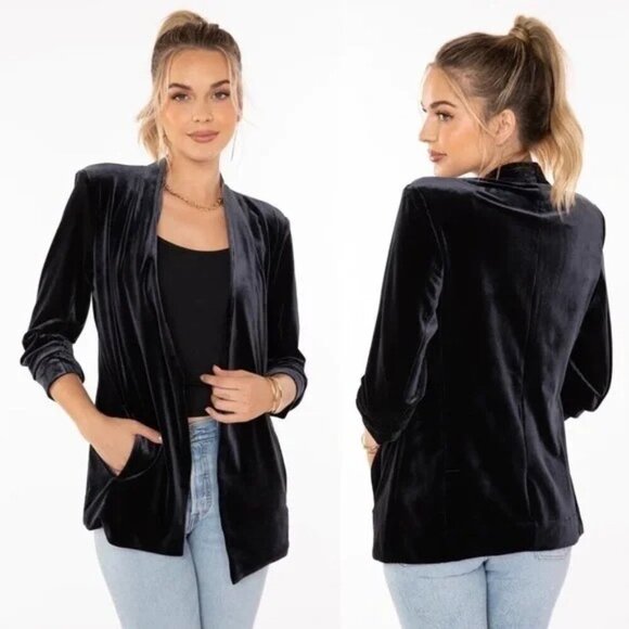 Bishop + Young Collarless Open Velvet Black Blazer Sz Small - Picture 1 of 11